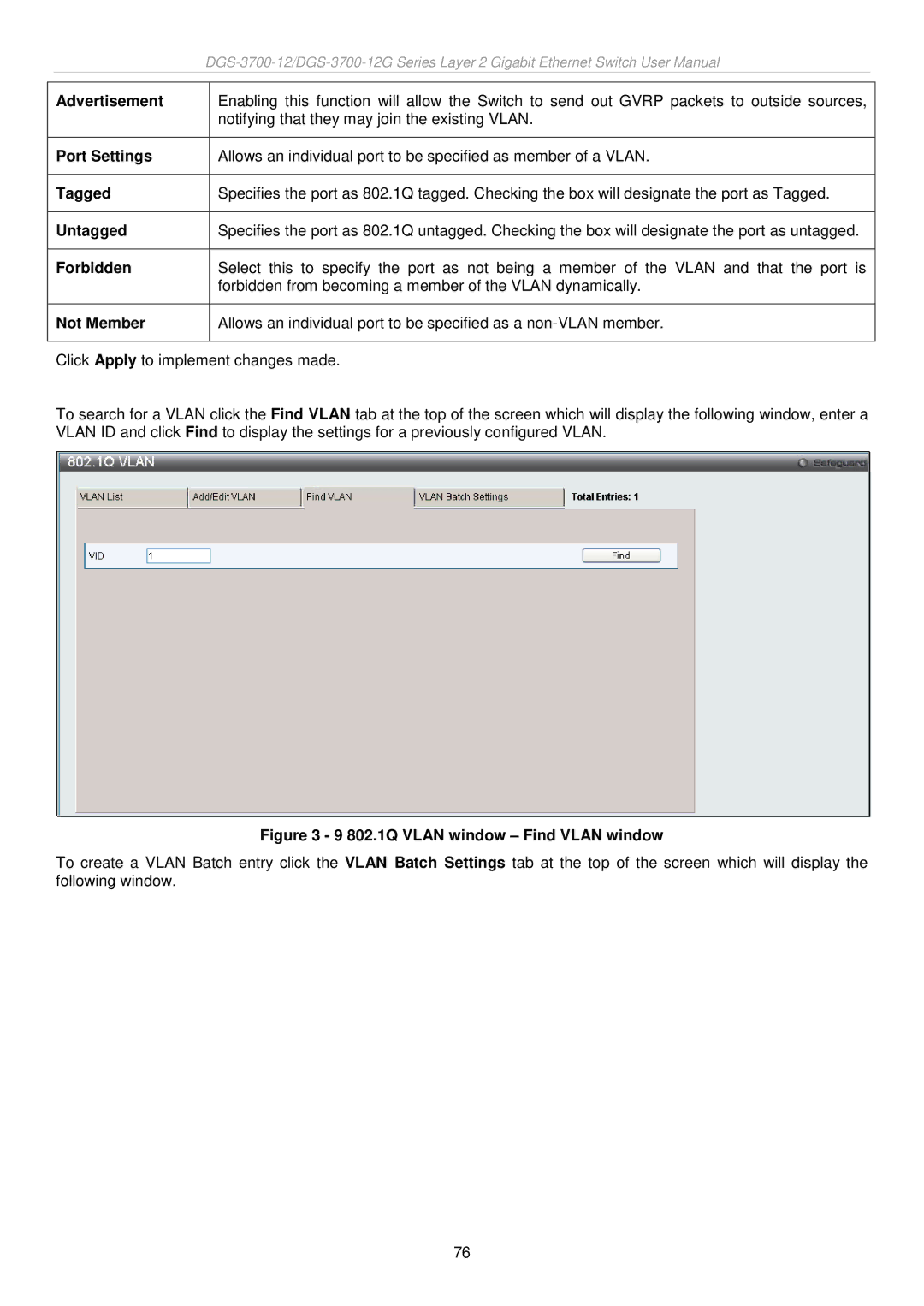 D-Link DGS-3700 user manual Advertisement, Port Settings, Tagged, Untagged, Forbidden, Not Member 