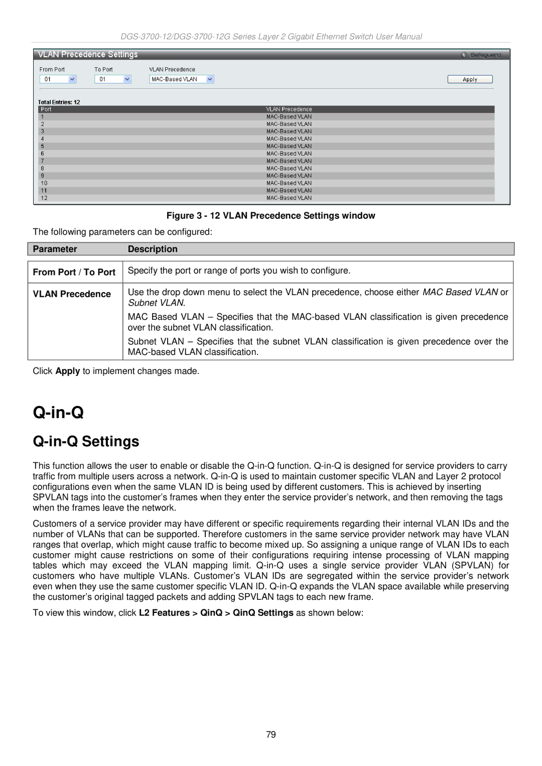 D-Link DGS-3700 user manual In-Q Settings, Vlan Precedence 