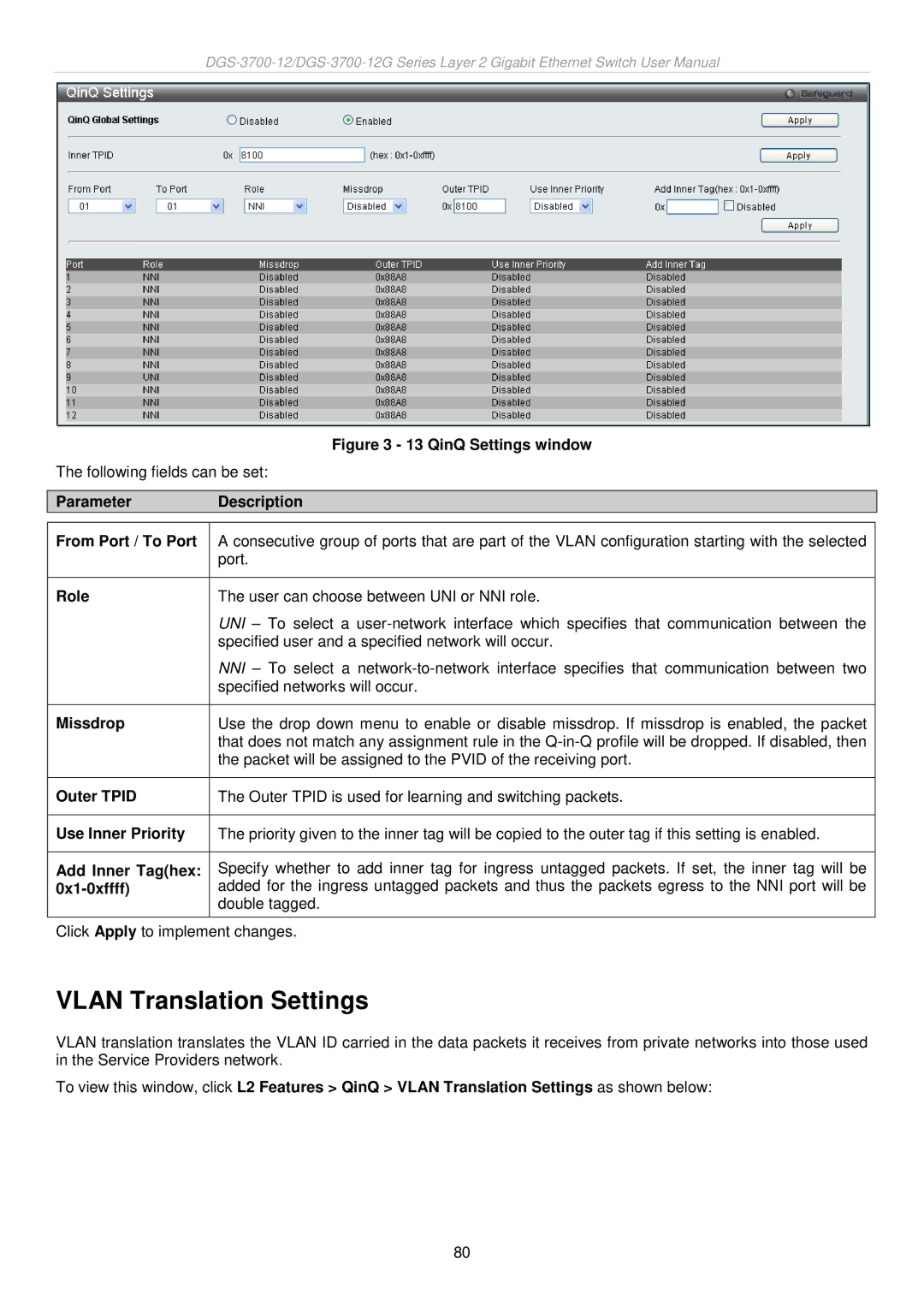 D-Link DGS-3700 user manual Vlan Translation Settings 