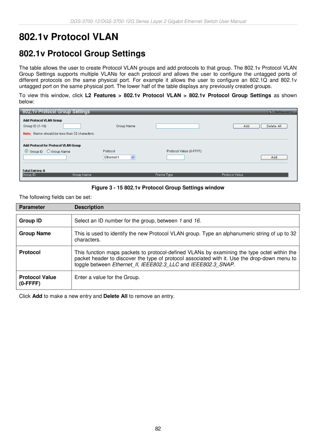 D-Link DGS-3700 user manual 802.1v Protocol Vlan, 802.1v Protocol Group Settings 