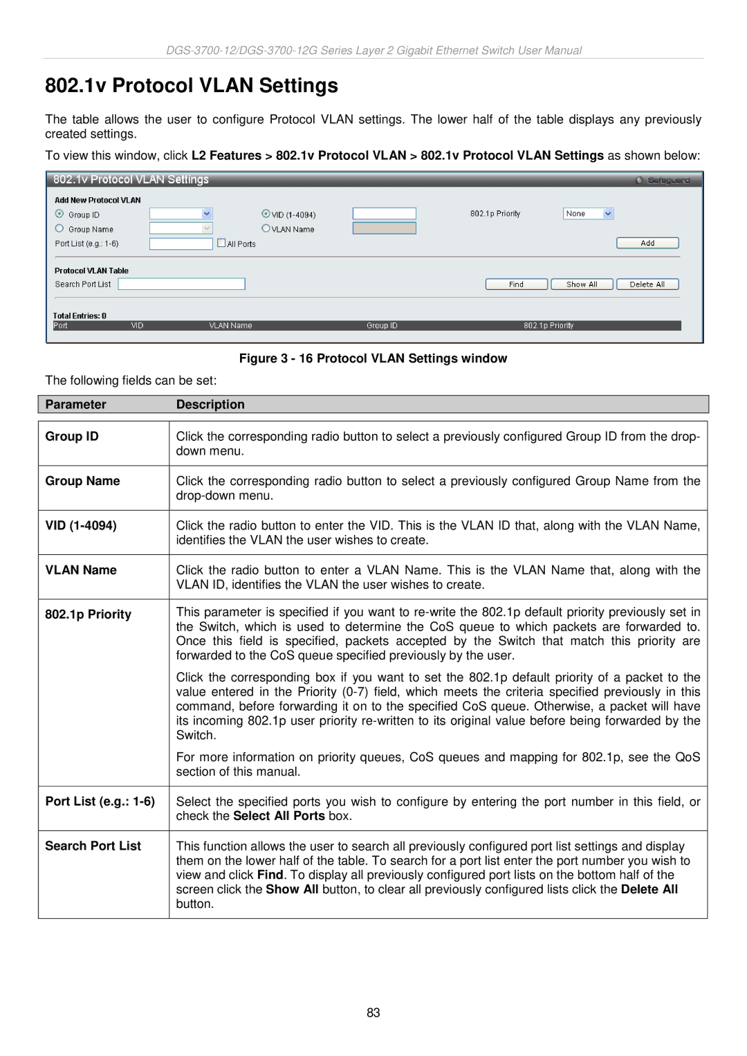 D-Link DGS-3700 802.1v Protocol Vlan Settings, 802.1p Priority, Check the Select All Ports box, Search Port List 