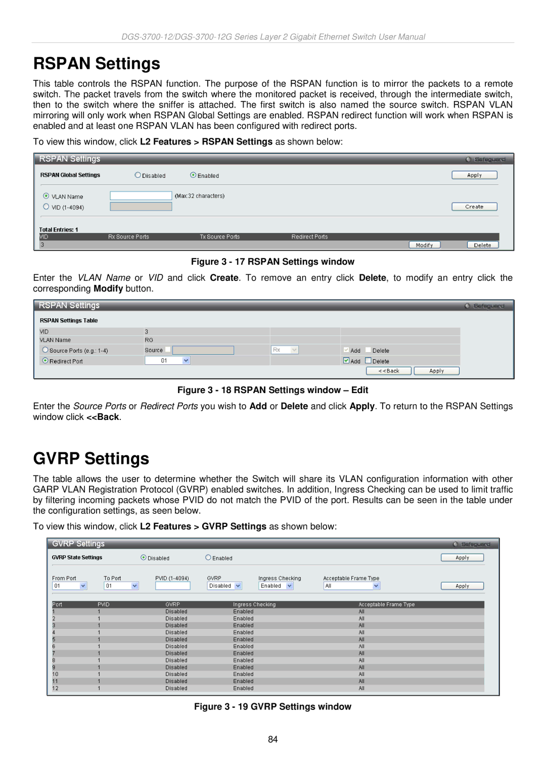 D-Link DGS-3700 user manual Rspan Settings, Gvrp Settings 