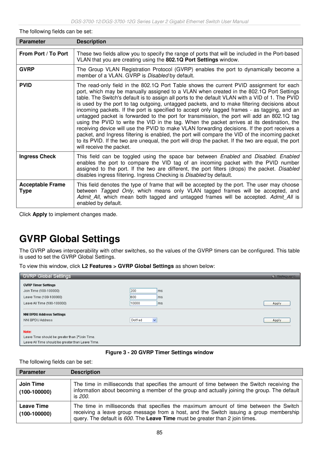 D-Link DGS-3700 user manual Gvrp Global Settings, Pvid 