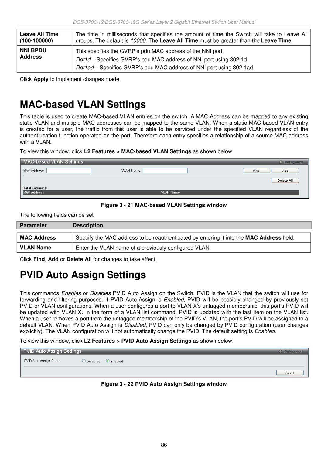 D-Link DGS-3700 user manual MAC-based Vlan Settings, Pvid Auto Assign Settings, Leave All Time, NNI Bpdu 