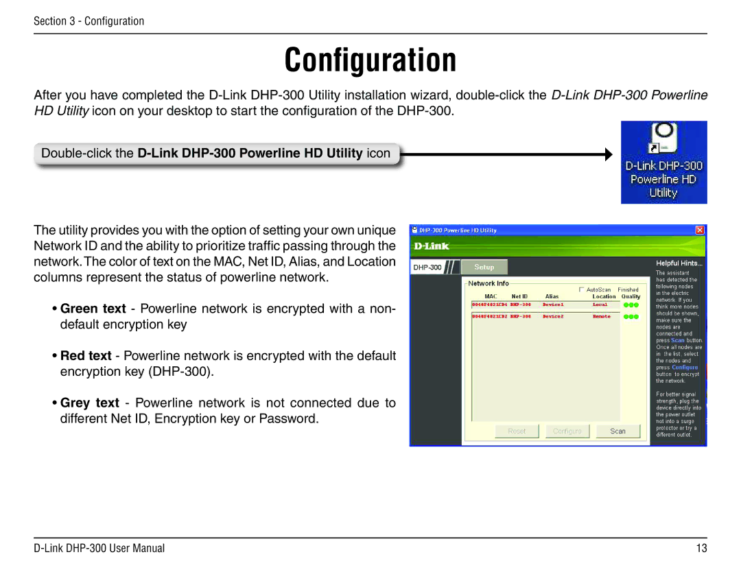 D-Link manual Configuration, Double-click the D-Link DHP-300 Powerline HD Utility icon 