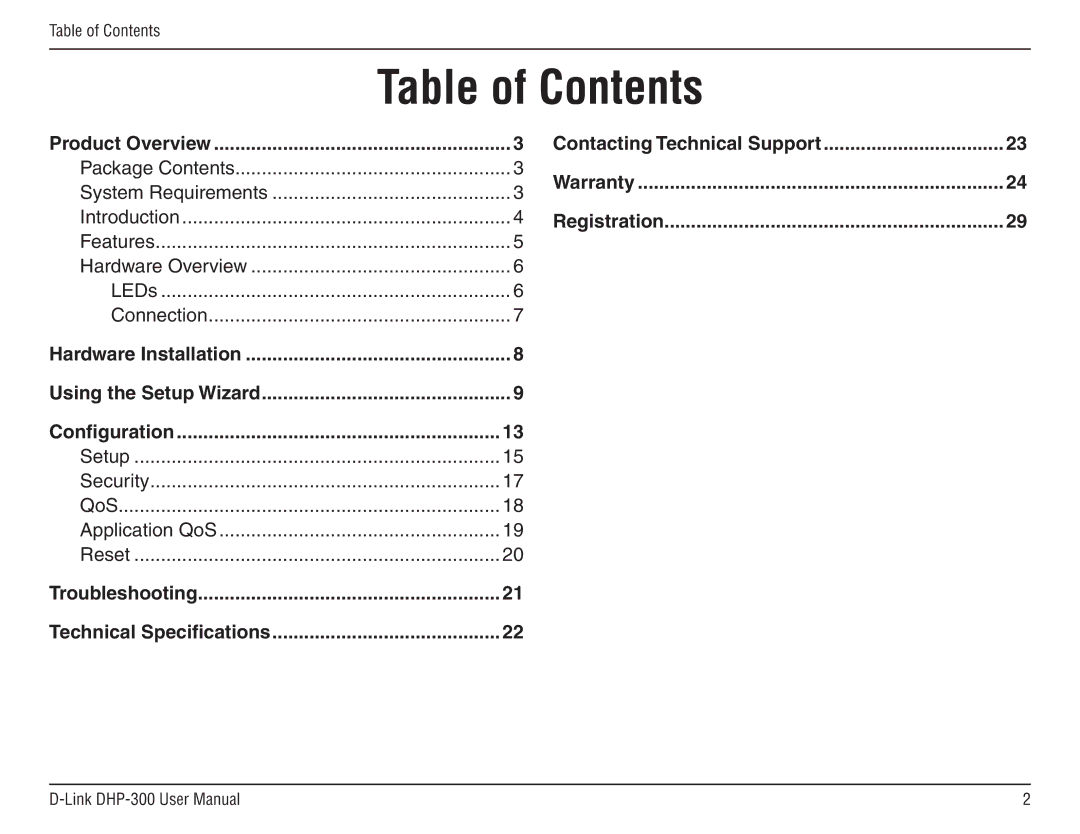 D-Link DHP-300 manual Table of Contents 