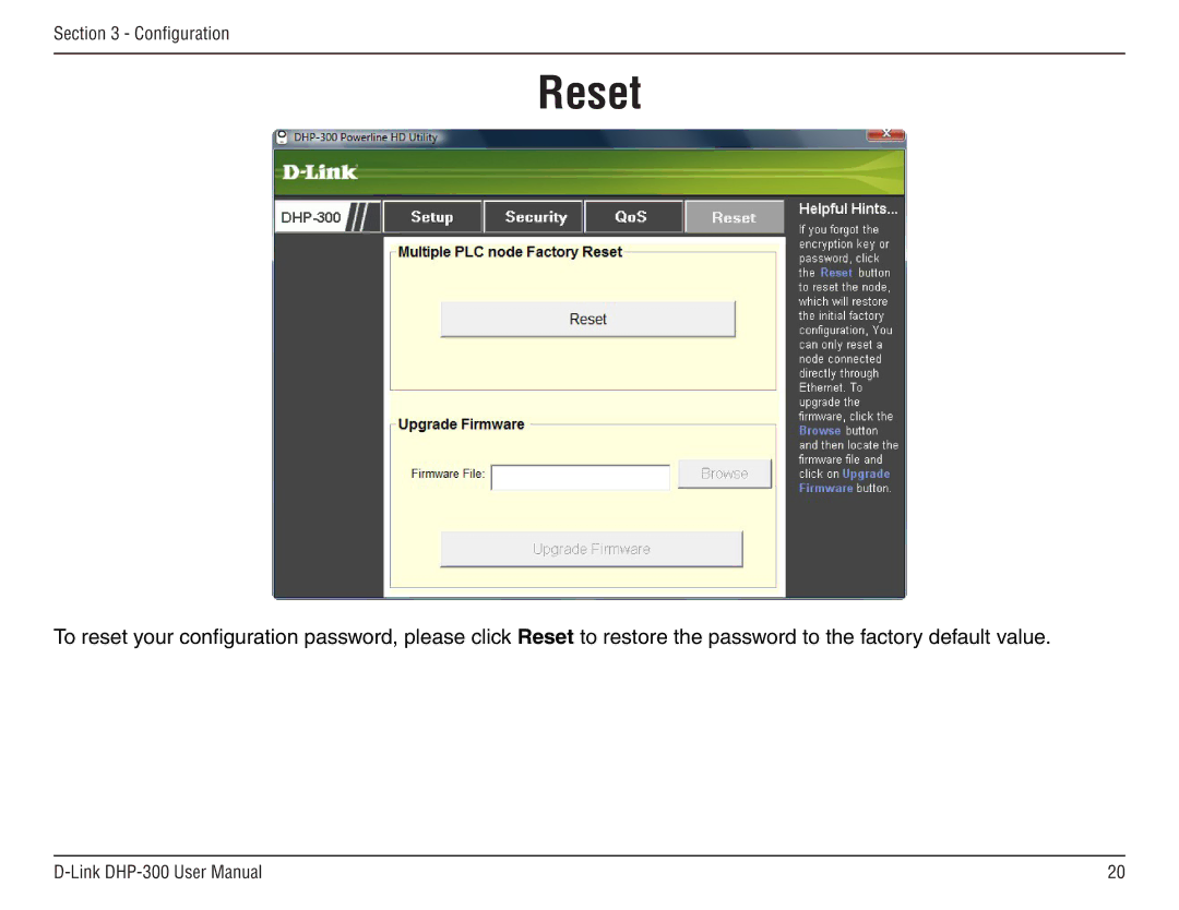 D-Link DHP-300 manual Reset 