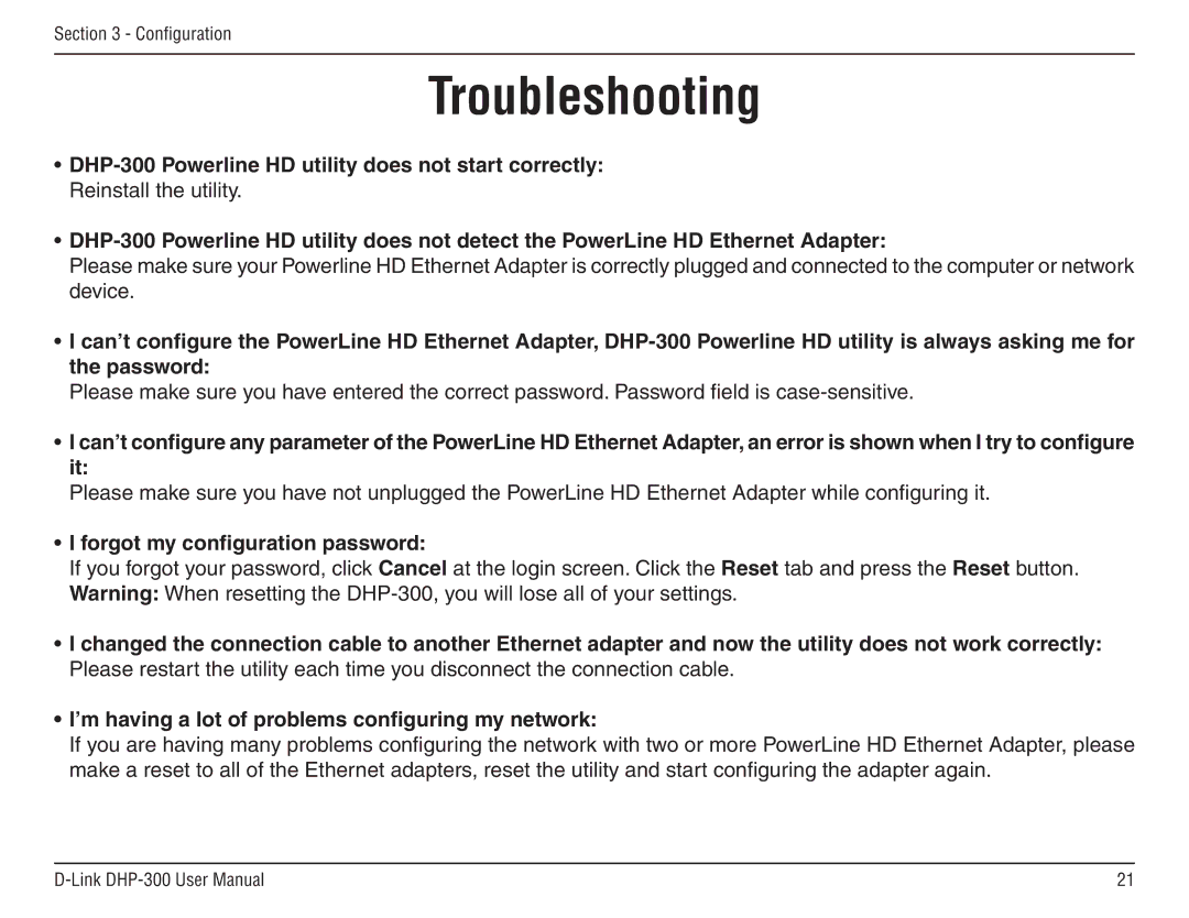 D-Link DHP-300 manual Troubleshooting, Forgot my configuration password 