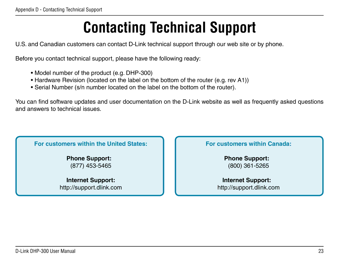 D-Link DHP-300 manual Contacting Technical Support, Phone Support 