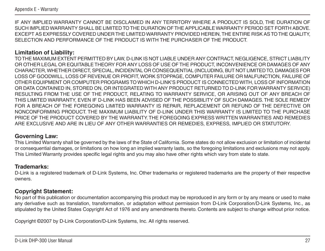 D-Link DHP-300 manual Limitation of Liability, Governing Law, Trademarks, Copyright Statement 