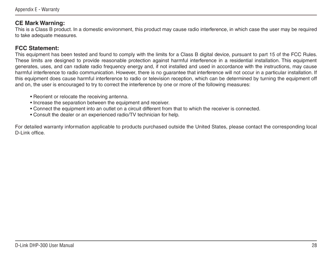 D-Link DHP-300 manual CE Mark Warning, FCC Statement 