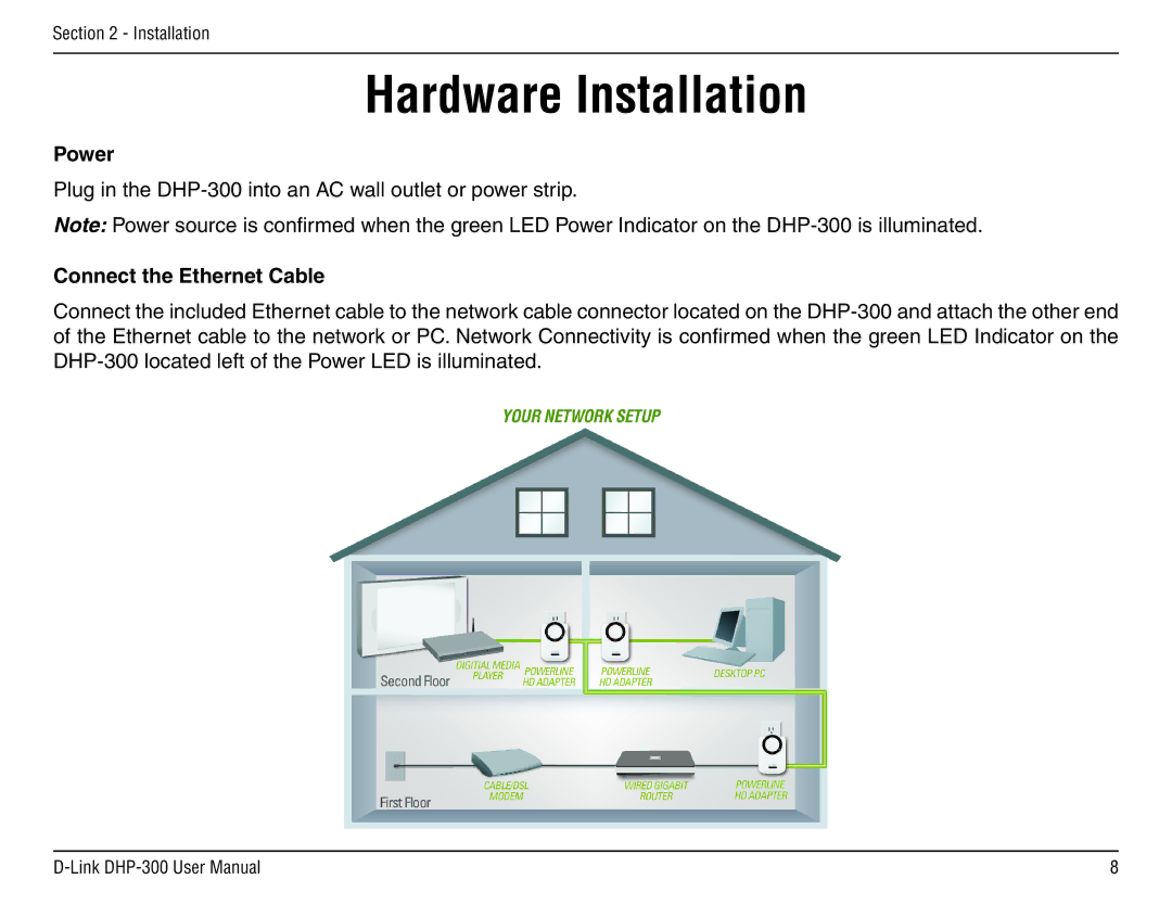 D-Link DHP-300 manual Hardware Installation, Power, Connect the Ethernet Cable 