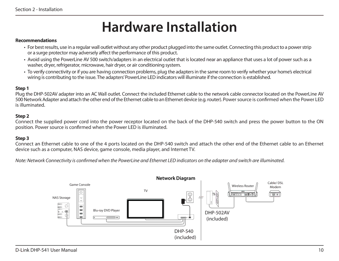 D-Link DHP-541 manual Hardware Installation, Recommendations, Step, Network Diagram 