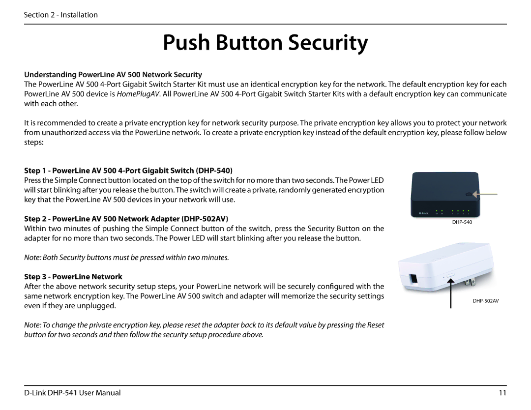 D-Link DHP-541 manual Push Button Security, Understanding PowerLine AV 500 Network Security, PowerLine Network 