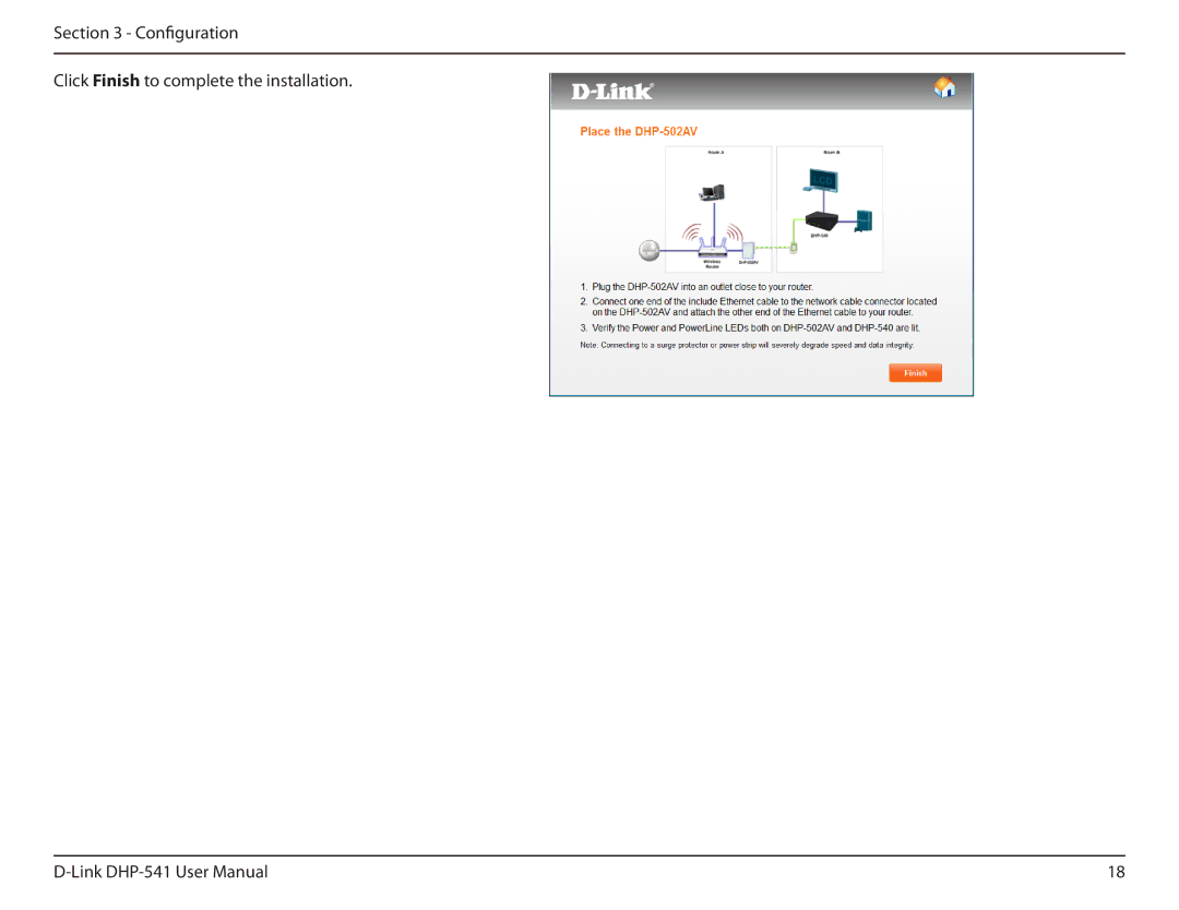 D-Link DHP-541 manual Configuration Click Finish to complete the installation 