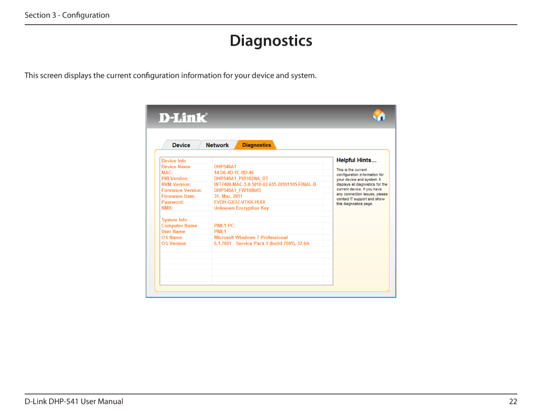 D-Link DHP-541 manual Diagnostics 