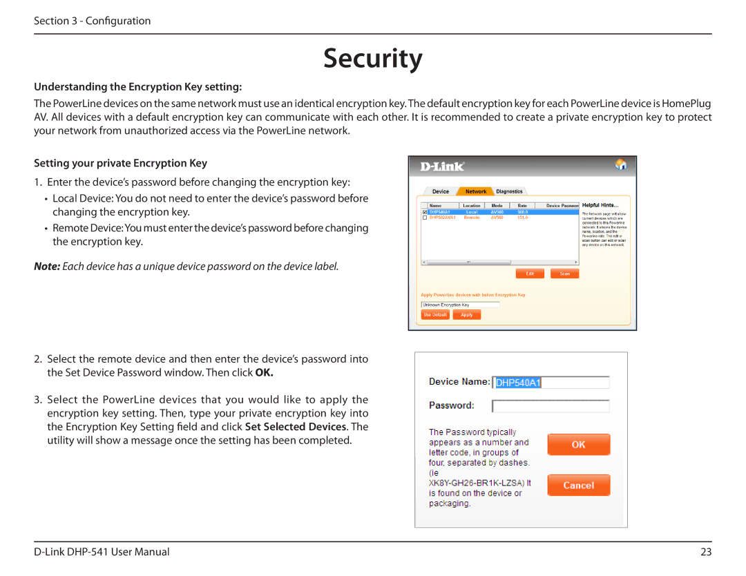 D-Link DHP-541 manual Security, Understanding the Encryption Key setting, Setting your private Encryption Key 