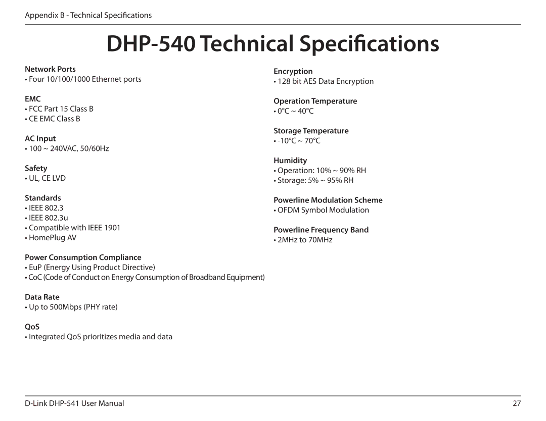 D-Link DHP-541 manual DHP-540 Technical Specifications 