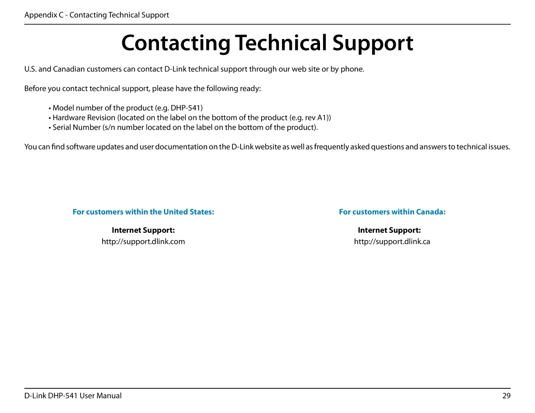 D-Link DHP-541 manual Contacting Technical Support 