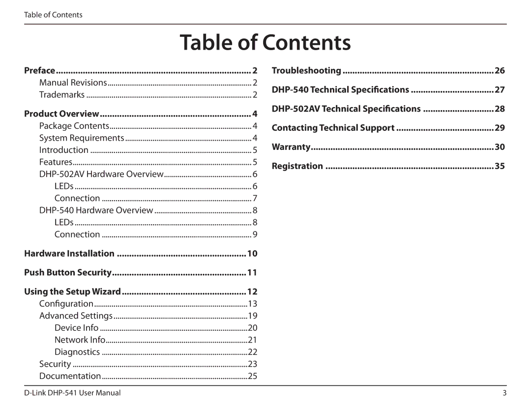 D-Link DHP-541 manual Table of Contents 