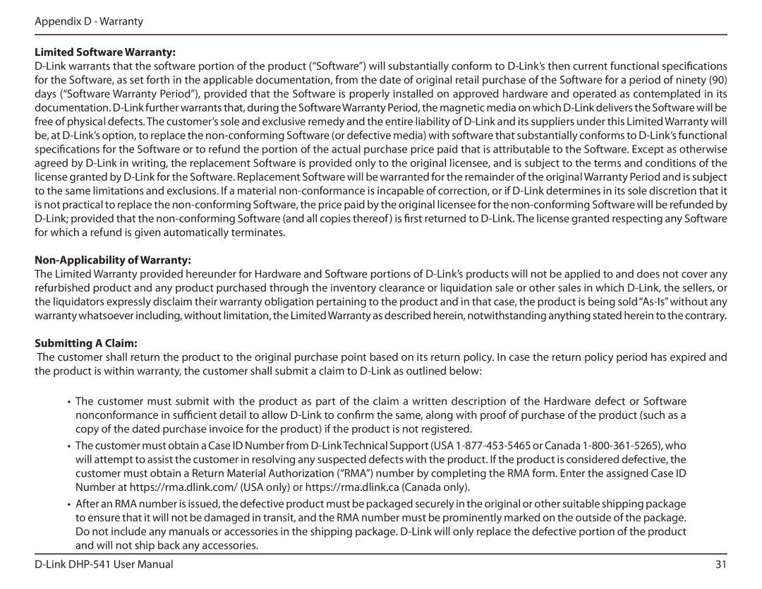 D-Link DHP-541 manual Limited Software Warranty, Non-Applicability of Warranty, Submitting a Claim 