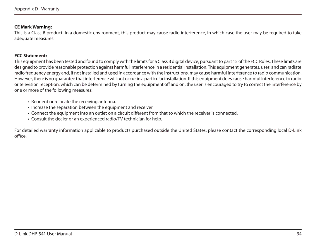 D-Link DHP-541 manual CE Mark Warning, FCC Statement 