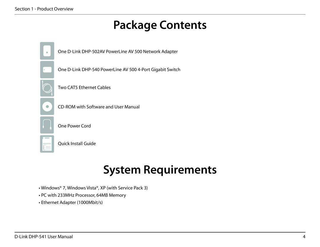 D-Link DHP-541 manual Package Contents, System Requirements 