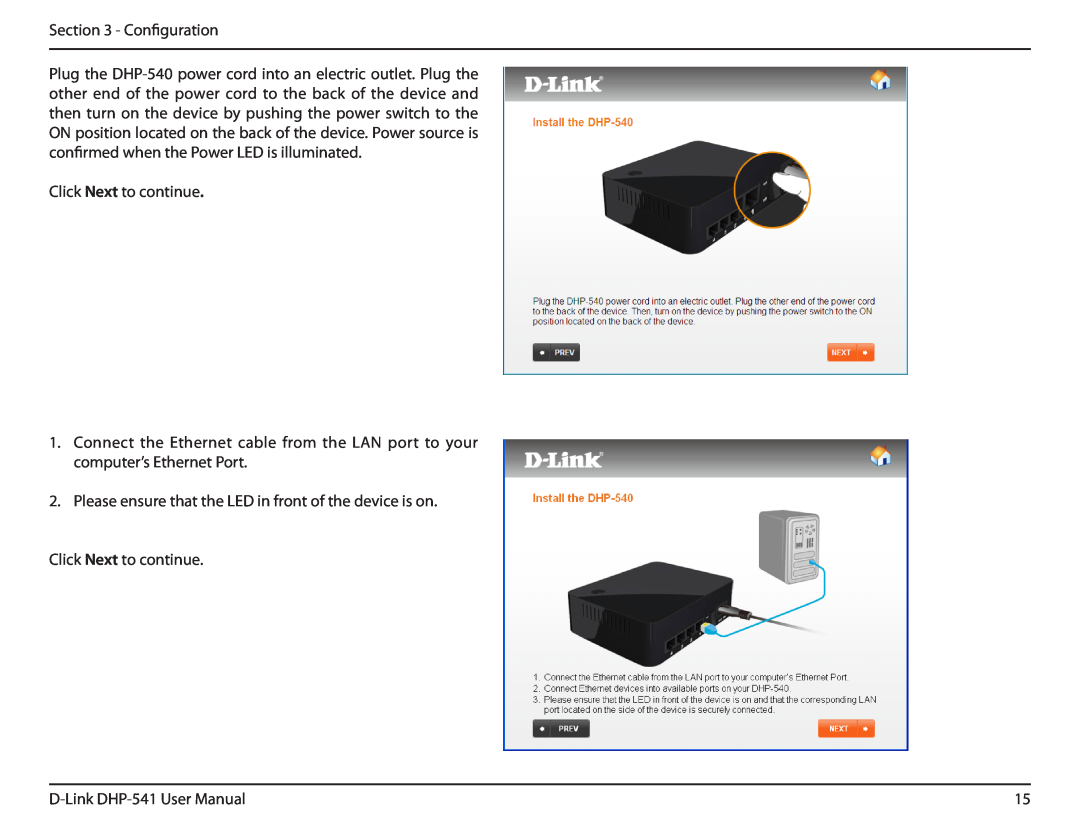 D-Link DHP-541 manual Configuration, Click Next to continue, Please ensure that the LED in front of the device is on 