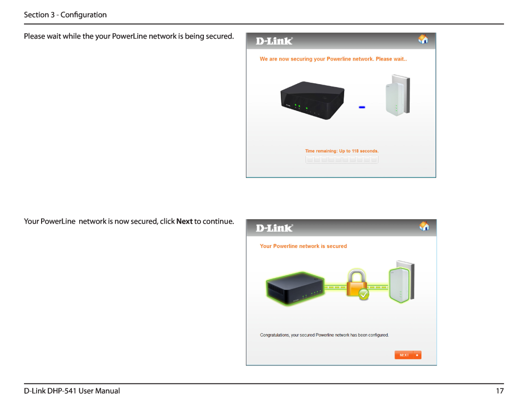 D-Link manual Configuration, Please wait while the your PowerLine network is being secured, D-Link DHP-541 User Manual 