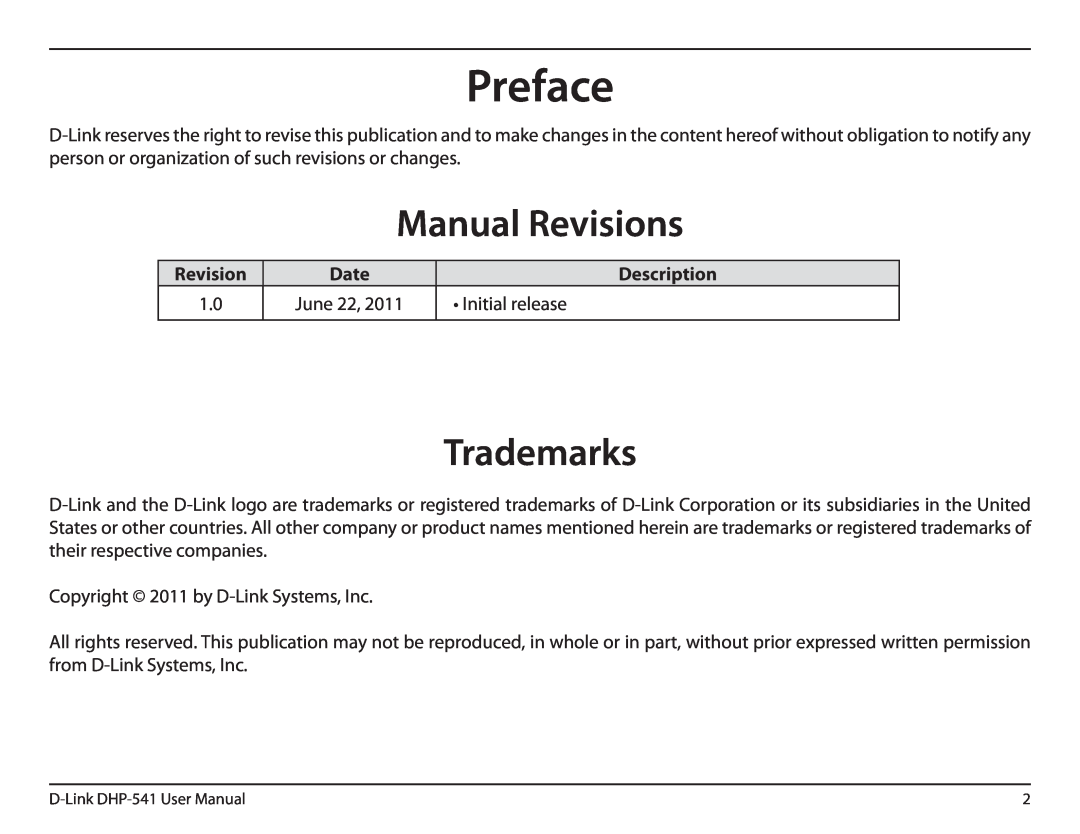 D-Link DHP-541 manual Preface, Manual Revisions, Trademarks, Date, Description, Initial release 