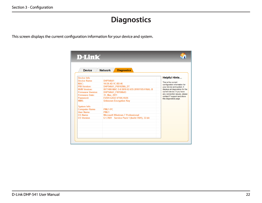 D-Link manual Diagnostics, Configuration, D-Link DHP-541 User Manual 