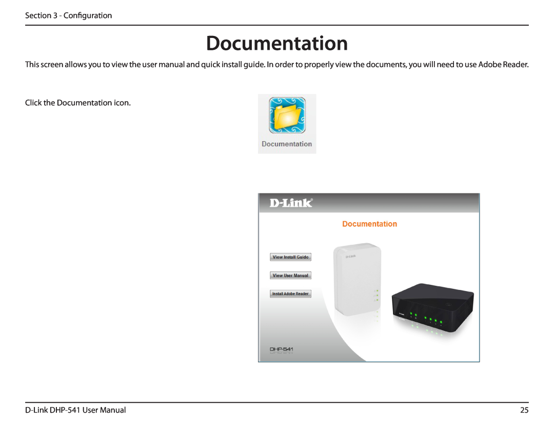 D-Link manual Configuration, Click the Documentation icon, D-Link DHP-541 User Manual 