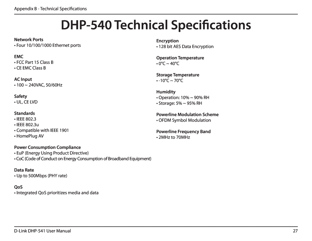 D-Link DHP-541 manual DHP-540 Technical Specifications 