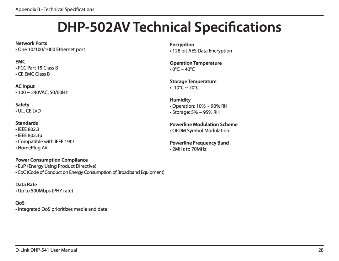 D-Link DHP-541 manual DHP-502AV Technical Specifications 