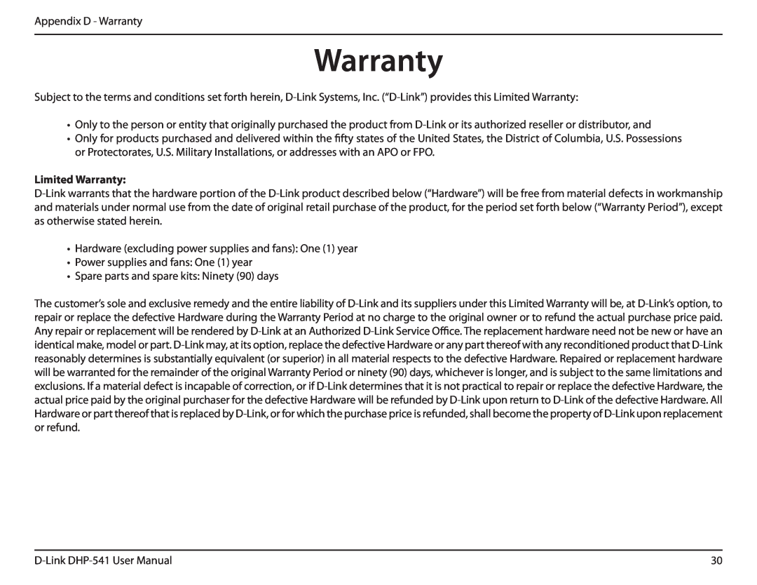 D-Link DHP-541 manual Limited Warranty 