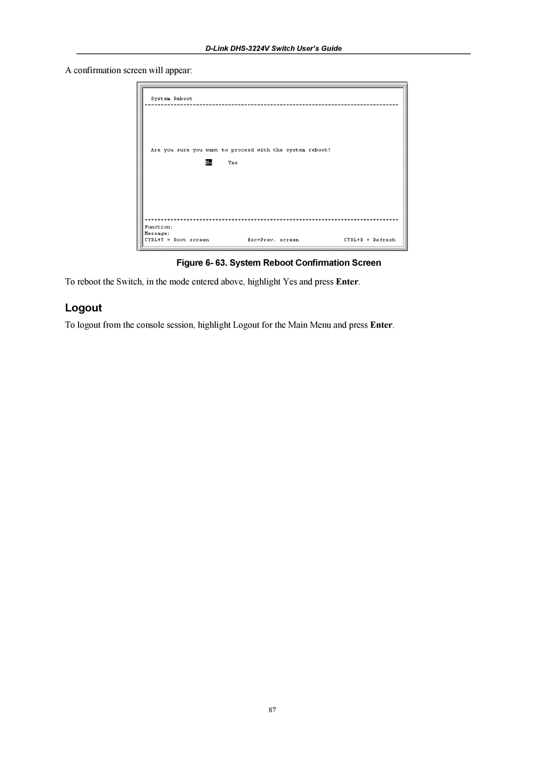 D-Link DHS-3224V manual Logout, System Reboot Confirmation Screen 