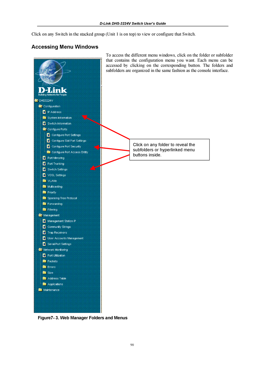 D-Link DHS-3224V manual Accessing Menu Windows, Web Manager Folders and Menus 