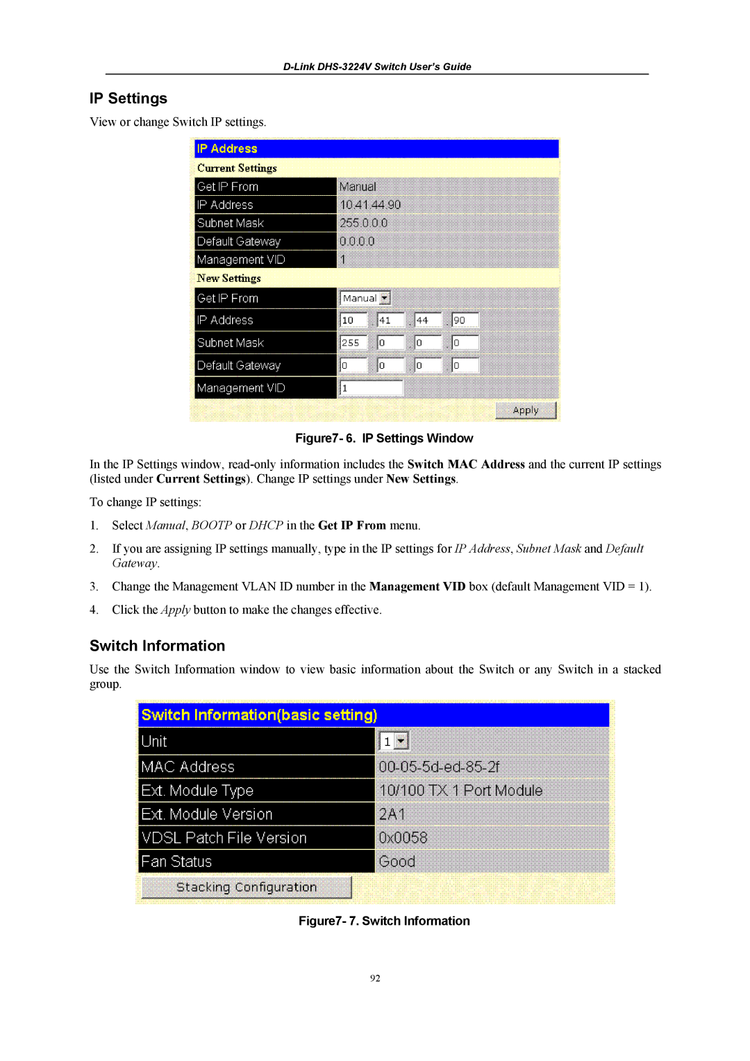 D-Link DHS-3224V manual IP Settings Window 