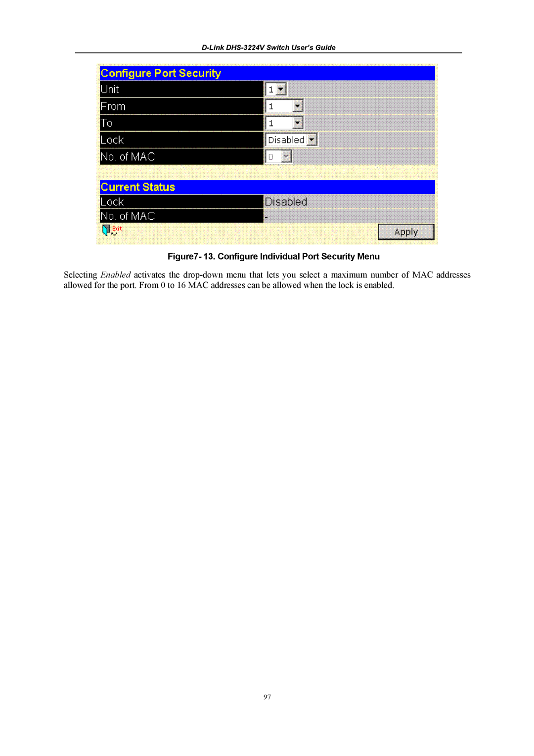 D-Link DHS-3224V manual Configure Individual Port Security Menu 