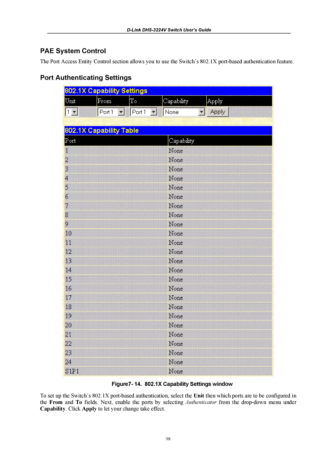 D-Link DHS-3224V manual PAE System Control, Port Authenticating Settings 