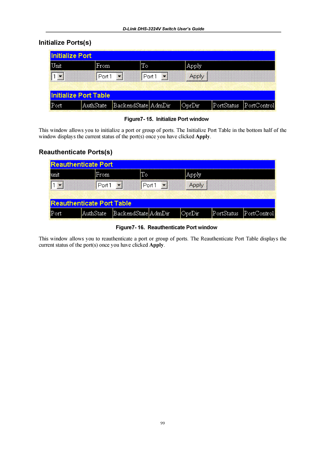 D-Link DHS-3224V manual Initialize Portss, Reauthenticate Portss 