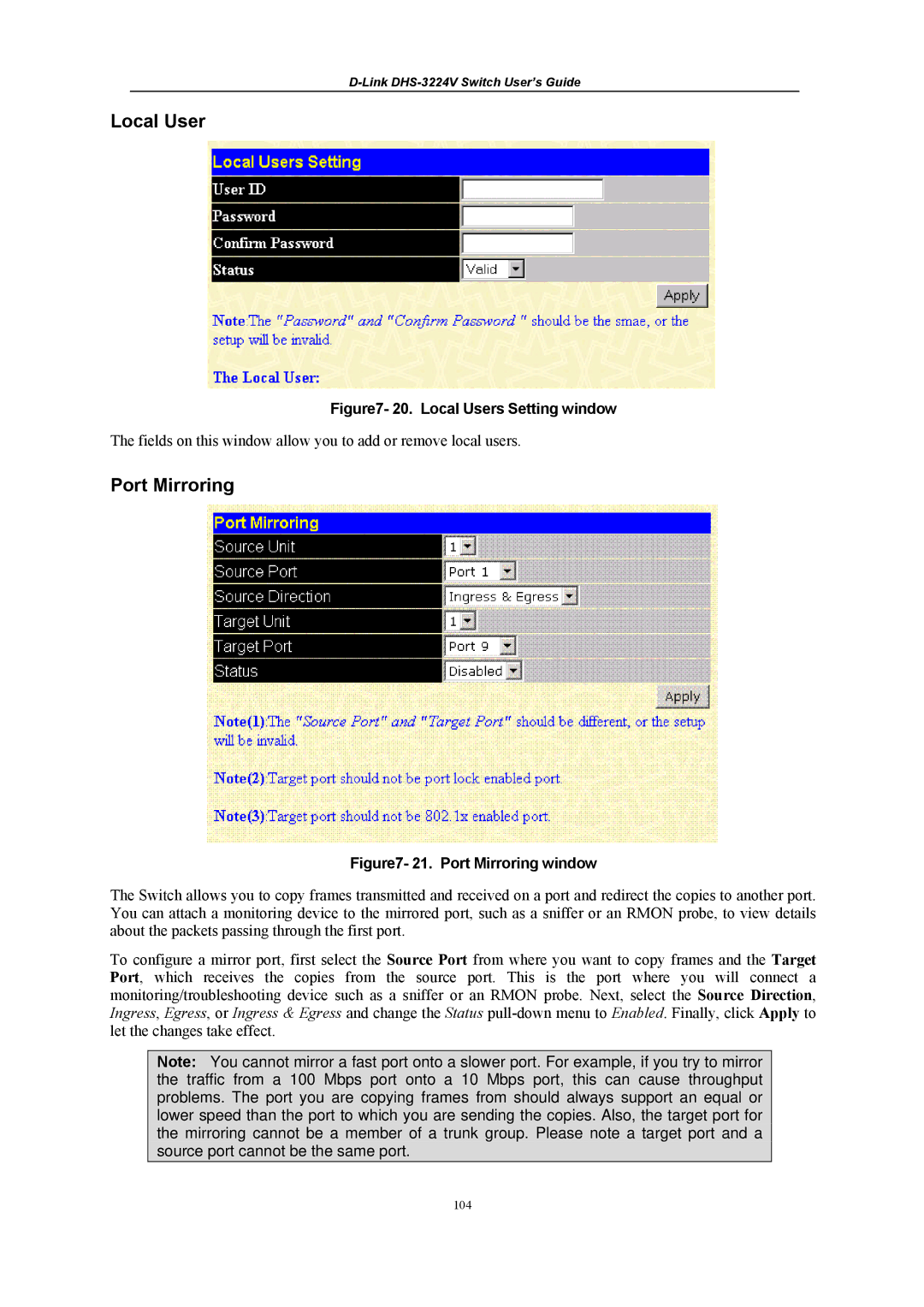 D-Link DHS-3224V manual Local User, Port Mirroring 