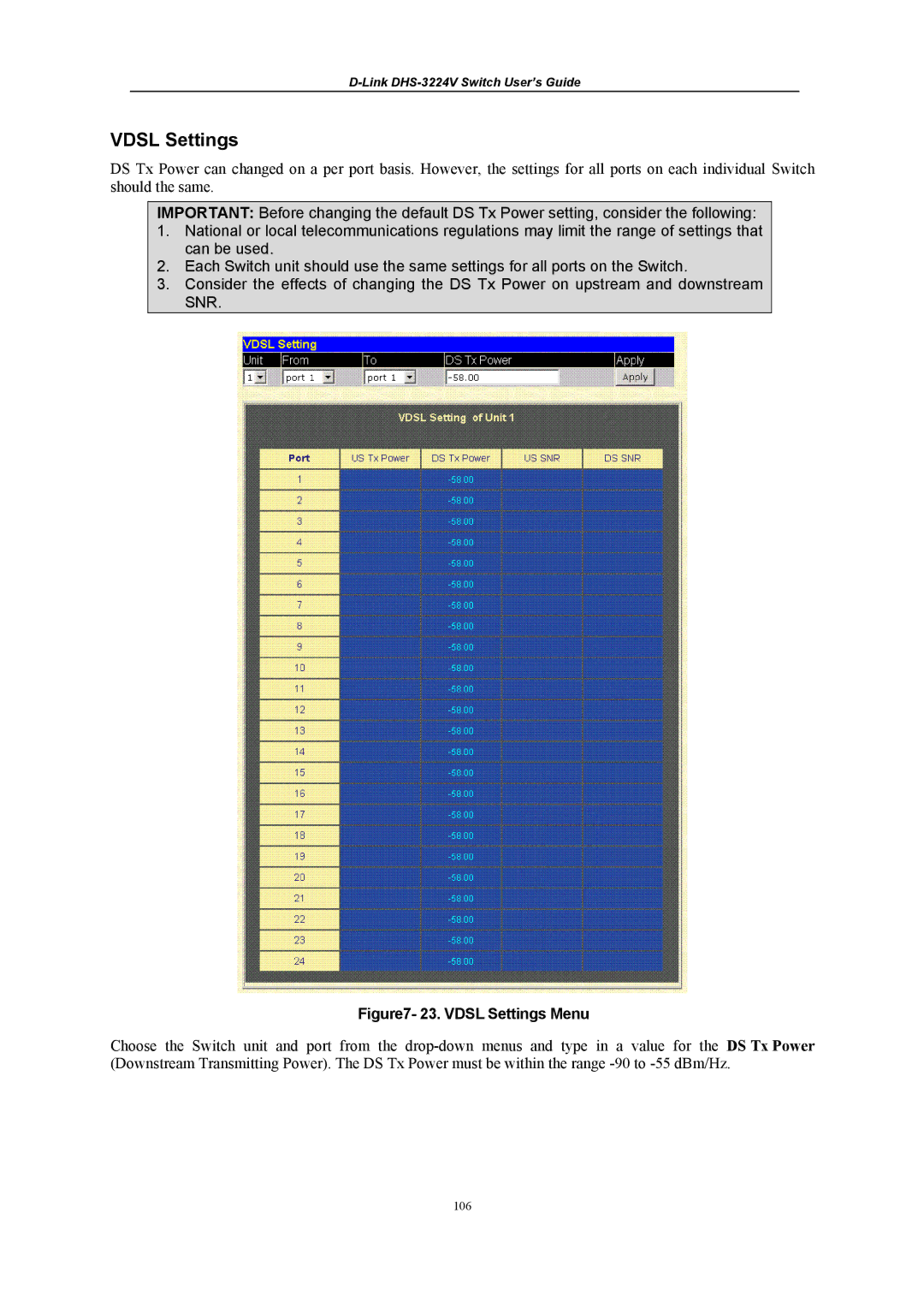 D-Link DHS-3224V manual Vdsl Settings Menu 