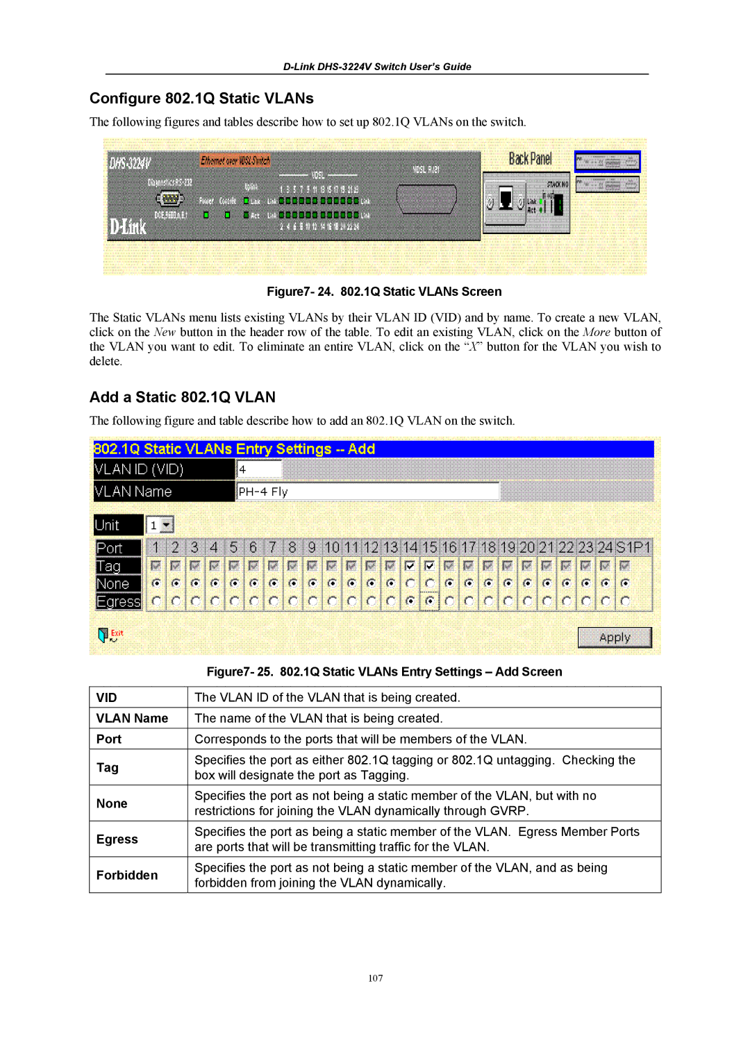 D-Link DHS-3224V manual Configure 802.1Q Static VLANs, Add a Static 802.1Q Vlan 