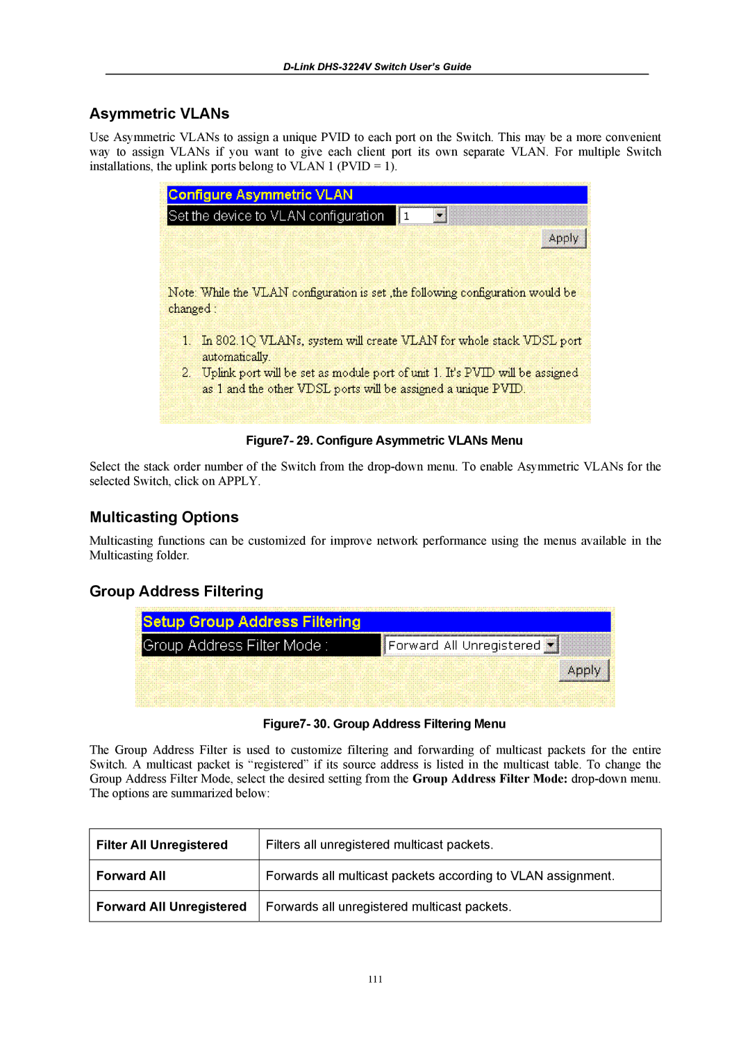 D-Link DHS-3224V manual Multicasting Options, Group Address Filtering 