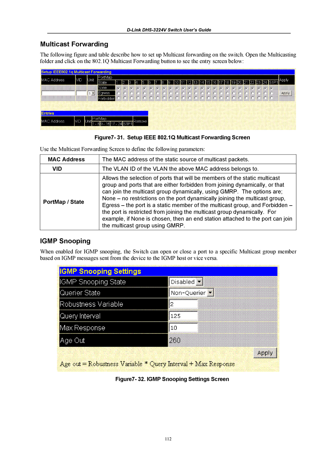 D-Link DHS-3224V manual Multicast Forwarding, Igmp Snooping, PortMap / State 