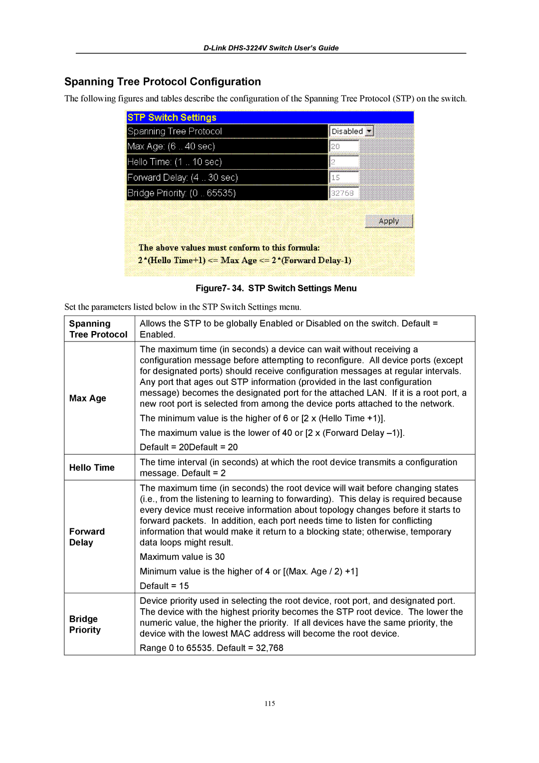 D-Link DHS-3224V manual Spanning Tree Protocol Configuration 