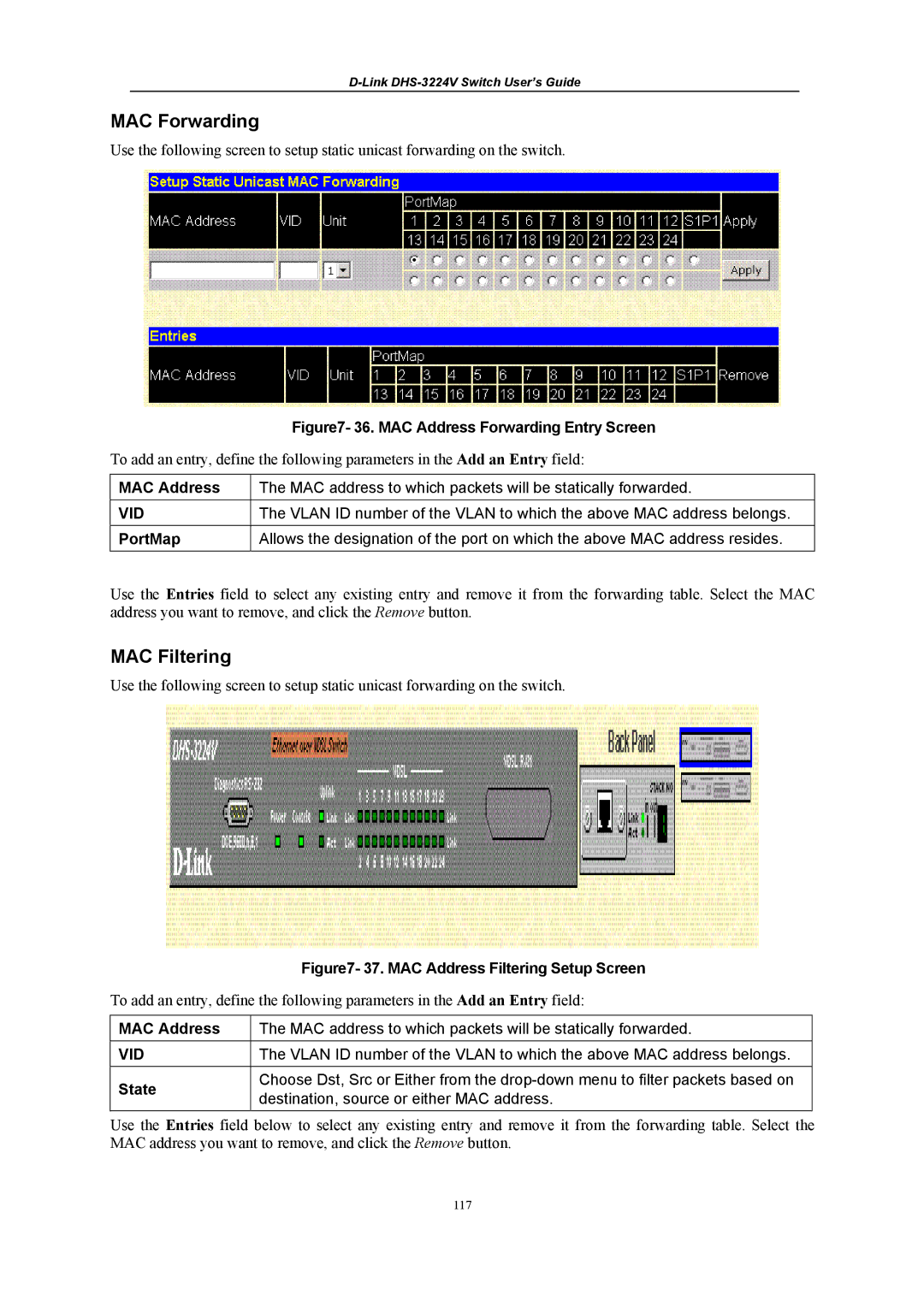 D-Link DHS-3224V manual MAC Forwarding, MAC Filtering, State 