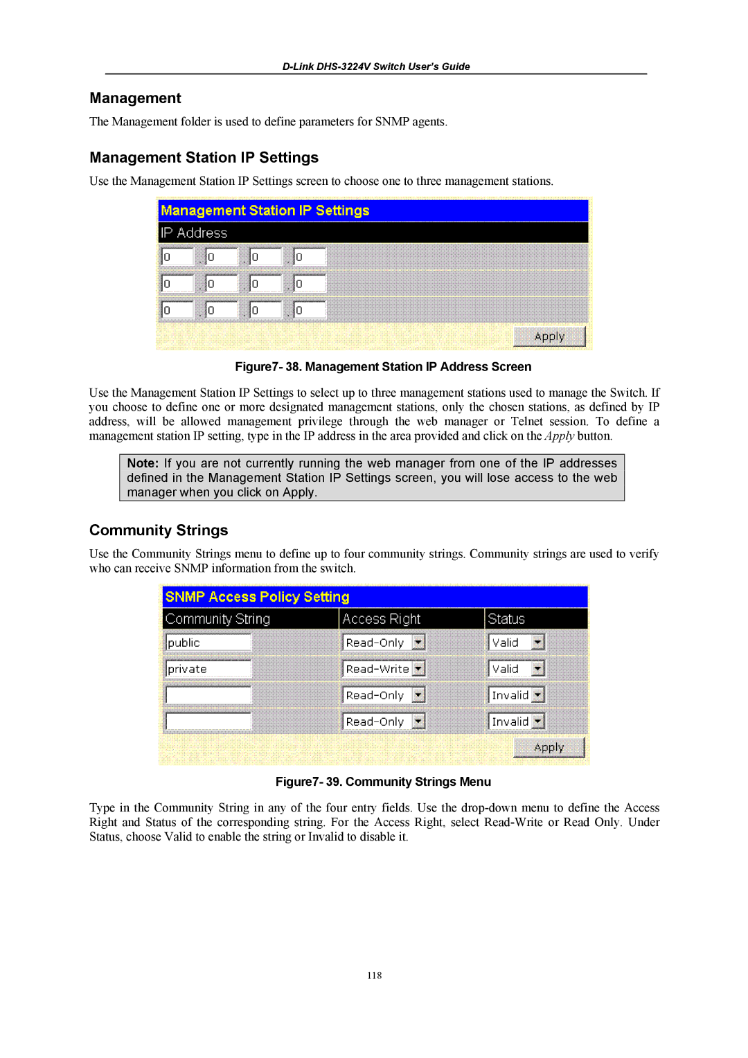D-Link DHS-3224V manual Community Strings, Management Station IP Address Screen 