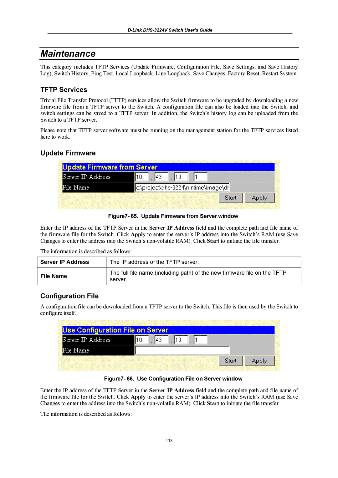 D-Link DHS-3224V manual Maintenance, Tftp Services, Update Firmware, Configuration File 